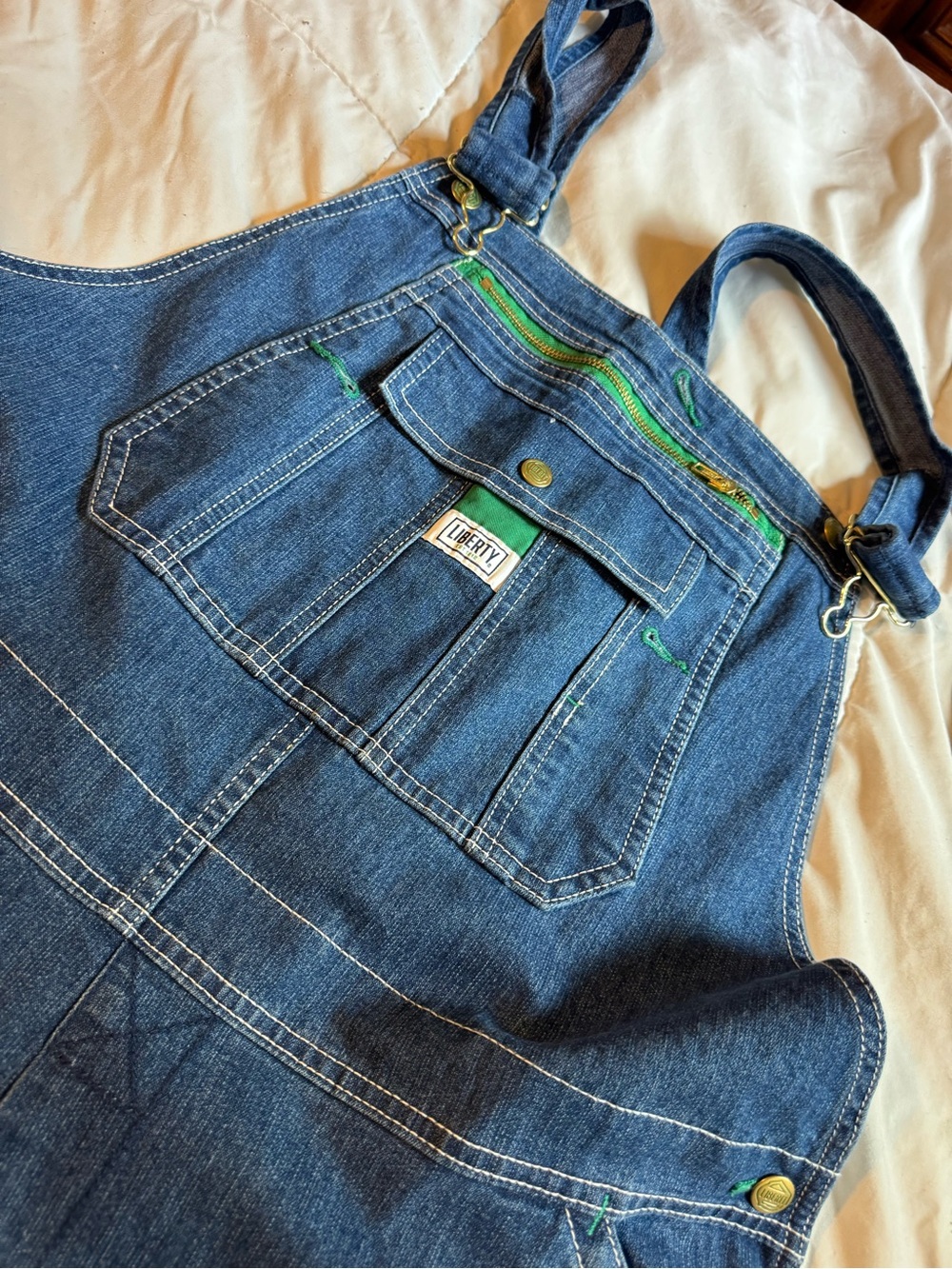 Liberty Blue Denim Overalls with Green Trim